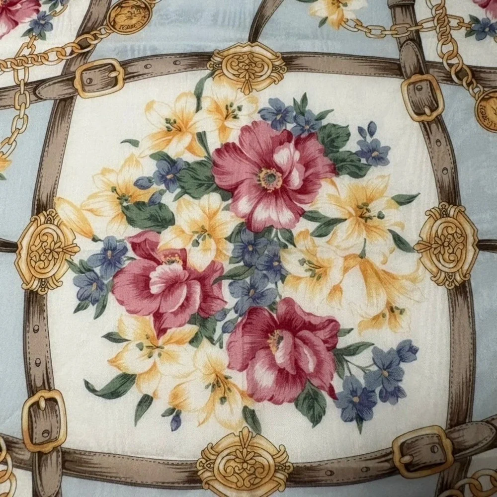 Vtg BURBERRYS Scarf Handkerchief Floral Bridle Chain Cotton Blue 21